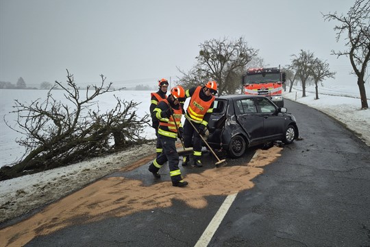 Dopravní nehoda na Kroměřížsku: Řidič sjel ze silnice a naboural do stromu, ten se silným nárazem zlomil