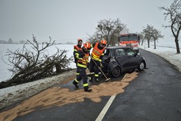 Dopravní nehoda na Kroměřížsku: Řidič sjel ze silnice a naboural do stromu, ten se silným nárazem zlomil